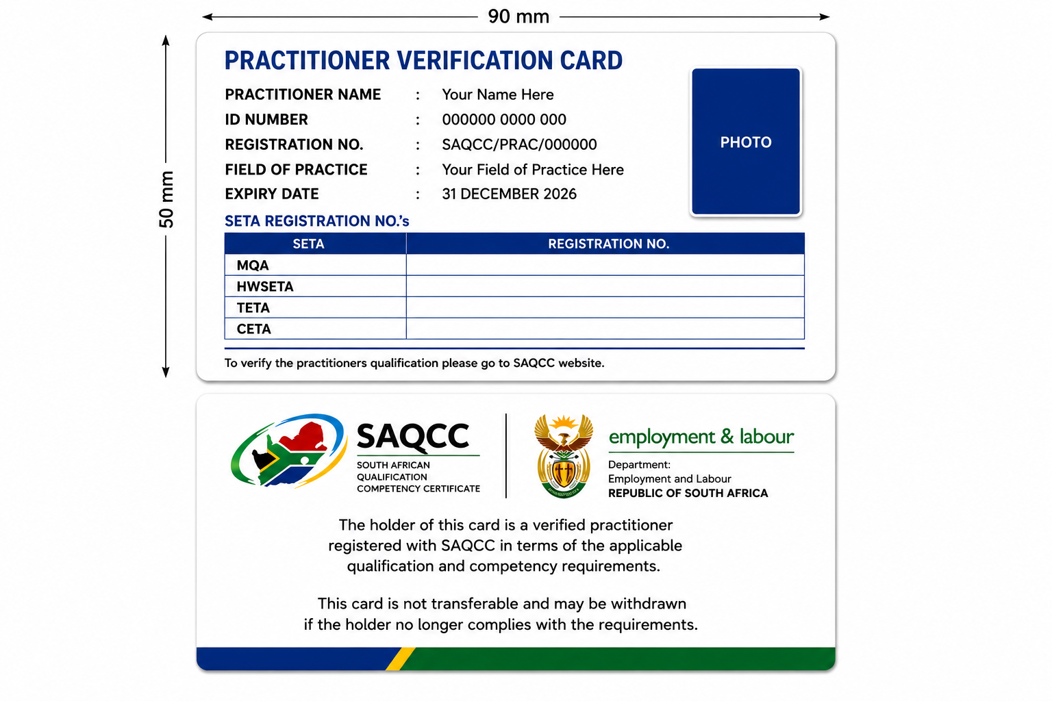 Sample SAQCC Practitioner Verification Card — front and back